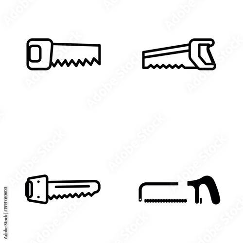 Hand saw: A collection of various hand saws, tools used for cutting wood and other materials, each exhibiting a unique design, ideal for carpentry or construction needs.