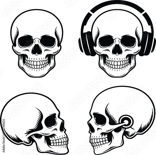 Human skull mascot set with headphones, skeletal head profile vintage music anatomy death vector art