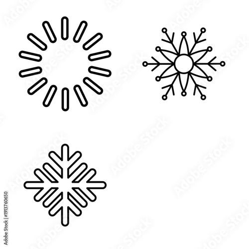 Abstract Snowflake Trio: A captivating collection of three unique snowflake designs, each rendered in an elegant, minimalist style. Explore the beauty and intricacy of winter's delicate formations.