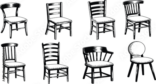 Vintage wooden chair vector set for home, furniture sketch classic seat interior decor dining room