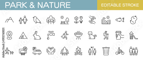 公園と自然に関するアイコンセット　キャンプ・ハイキング・レクリエーションなど（線幅変更可能）