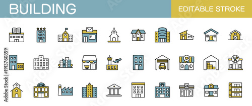 建物のアイコンセット　不動産・銀行・図書館・家・コンビニエンスストア・スーパーマーケットなど（線幅変更可能・カラー）