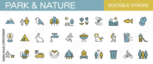 公園と自然に関するアイコンセット　キャンプ・ハイキング・レクリエーションなど（線幅変更可能・カラー）