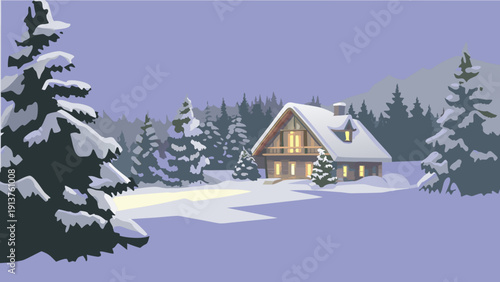 Cozy snow covered holiday lodge with lanterns and garlands in a serene winter landscape at dusk