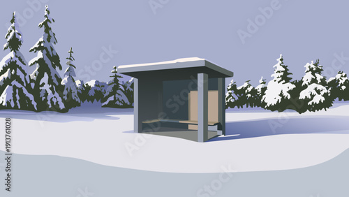 Simple winter shelter in snowy field with trees geometric design cold weather refuge