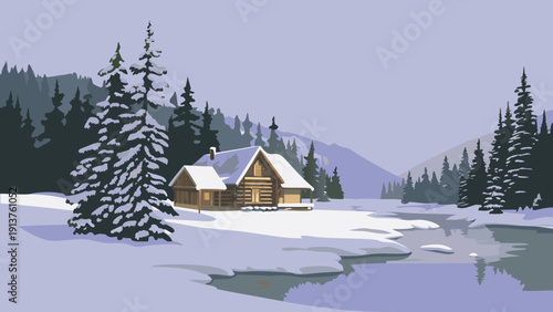 Snowy mountain cabin near frozen river winter outdoor scene with pine trees and snowy landscape