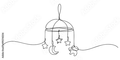 Baby Crib Mobile continuous one line drawing, One line continuous of baby hanging toys. Minimalist style vector illustration in white background, Children s toys over the crib, Children s toys over.