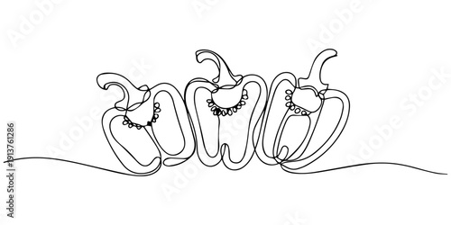 bell pepper slices continuous one line drawing, Continuous one line of sliced bell pepper isolated on white background. Simple silhouette of vegetable. Hand drawn bell pepper outline. Vector illustrat