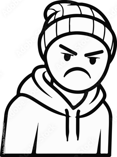 Cartoon figure in a beanie and hoodie, with an angry expression