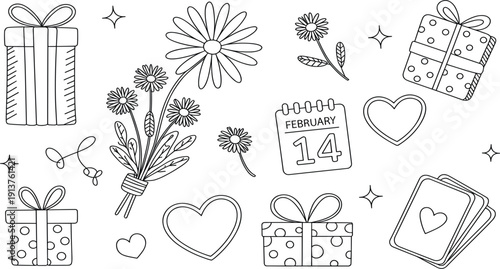 Hand drawn Valentines Day gift box set, vintage floral bouquet, heart, February 14, calendar vector