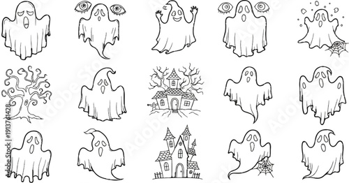 Cartoon ghosts, spooky trees, and haunted houses in black and white outline