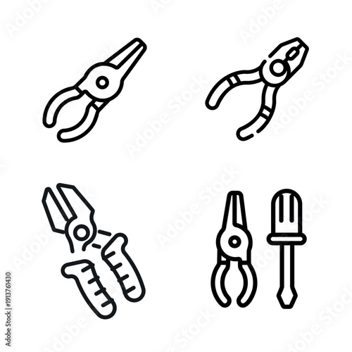 Tool Set Icons: A collection of meticulously crafted, minimalist tool icons, each representing essential instruments for a variety of tasks, all rendered with clean lines and precision.