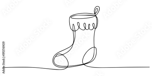 Christmas Stocking with Trim continuous one line drawing, Christmas sock for gifts. Christmas stocking stuffer continuous one line drawing. Christmas sock icon. Single line drawn background. Vector.