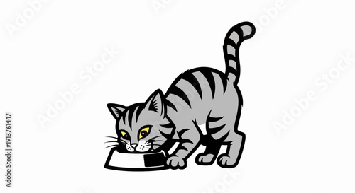 Cartoon grey striped cat eating from a bowl
