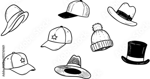 Hand-drawn doodle collection of various hats and caps in black and white sketch style, featuring baseball caps, fedora, sun hat, beanie, and top hat designs.