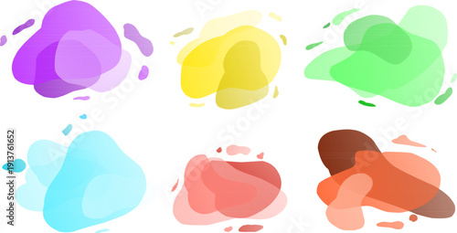 Set of colorful translucent abstract liquid blob shapes with overlapping soft gradients on gray