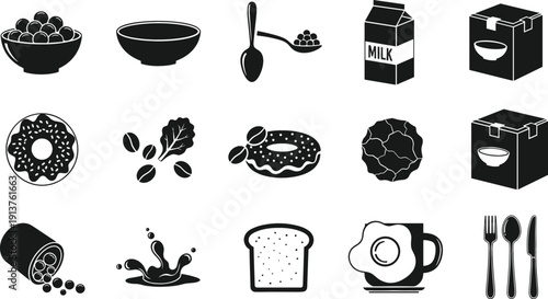 Black food and breakfast icons set including cereal, milk, donuts, bread, coffee, egg, and cutlery in solid silhouette style