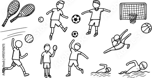 Hand-drawn doodle collection of various sports activities and equipment, including football, tennis, basketball, volleyball, swimming, and diving.