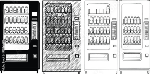 Vending machine icon set in black silhouette, sketch, and outline styles for drinks, snacks, retail, and UI design