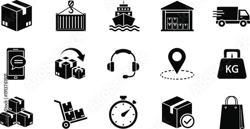 Logistics and Shipping Icon Set Featuring Delivery Trucks, Cargo Ships, Warehouse Storage, Package Tracking, Global Distribution, Customer Support, and Weight Scales