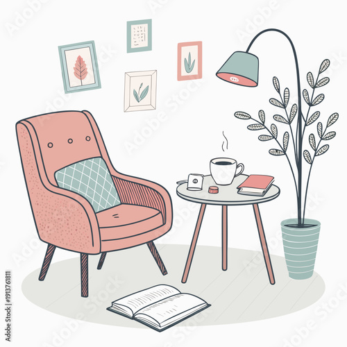 A serene illustration of a reading chair and table with a steaming cup of coffee in a cozy indoor setting viewed from the side