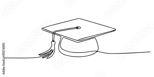 Minimalist continuous one line drawing of a graduation cap with tassel for academic success concept, Continuous line drawing of a graduation cap and diploma.one line illustration symbolizing academic.
