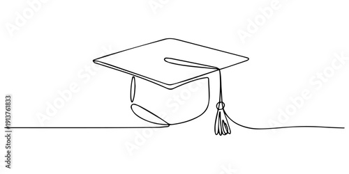 Minimalist continuous one line drawing of a graduation cap with tassel for academic success concept, Continuous line drawing of a graduation cap and diploma.one line illustration symbolizing academic.