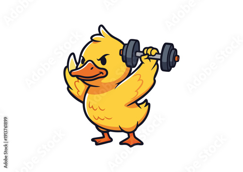 Cute duck lifting dumbbells cartoon mascot. Funny fitness animal illustration isolated on white. Perfect for gym branding, fitness apps, stickers, motivation design, and merchandise.