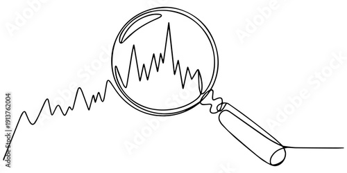 Market Chart Seen Through Magnifying Glass continuous one line drawing, Data analyzing line icon. Looking at growing chart through magnifying glass. Stock market trends research. Isolated vector pro.