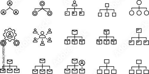 Organizational Structure Icon Set Featuring Business Hierarchy Charts, Team Management Flow, Corporate Leadership Levels, Staff Networking, Data Classification, and Workplace Management