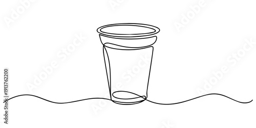 plastic party cup continuous one line drawing, milkshake in takeaway cup in silhouette on a white background. Linear stylized. Minimalist.disposable drink cup with straw, single style concept.