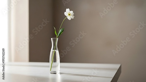 Elegant single white flower in slender glass vase, minimalist still life