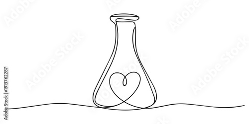 Scientific Flask with Heart Inside continuous one line drawing, Line art of a laboratory flask with a heart inside and rising hearts, affection, feeling, formula, molecular, passion, research, science