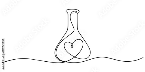 Scientific Flask with Heart Inside continuous one line drawing, Line art of a laboratory flask with a heart inside and rising hearts, affection, feeling, formula, molecular, passion, research, science