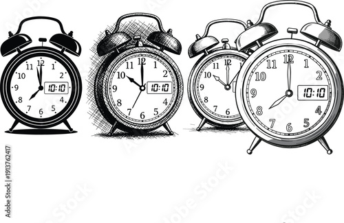 Vintage alarm clocks in hand-drawn and engraved styles, time management and punctuality concept, black and white vector illustration set