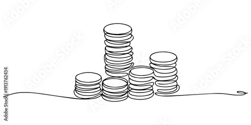 Stacks of coins penny cents. Continuous one line drawing, Stacks of coins of different heights, cents, pennies one line art. Continuous line drawing of bank, money, finance, financial, payment, data.
