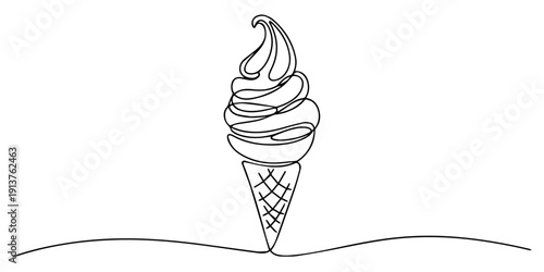an ice cream cone with one scoop line art vector illustration, Strawberry and vanilla soft serve ice cream cone continuous one line drawing, Symbol dessert gelato for menu and business card design in.