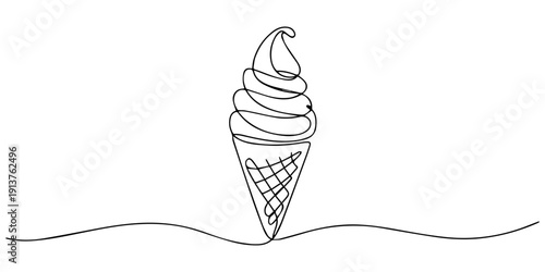 an ice cream cone with one scoop line art vector illustration, Strawberry and vanilla soft serve ice cream cone continuous one line drawing, Symbol dessert gelato for menu and business card design in.