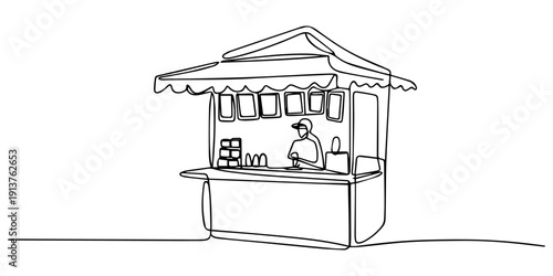 Vendor Kiosk continuous one line drawing, One continuous single drawing line art flat doodle  hot dog, city, food, outdoor, people, service, seller, snack, photography, business. Isolated image hand. 