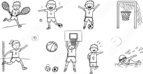 Black and White Doodle Set of Kids Playing Sports: Tennis, Soccer, Basketball, Swimming, Running. Happy and Active Children Illustrations.
