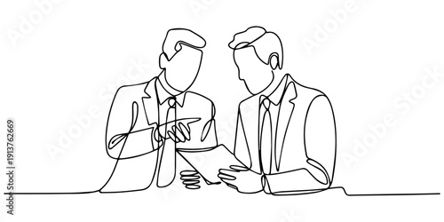 Continuous line drawing of two businessman talking and discuss about document. Vector illustration, Business deal concept. Continuous line draw design graphic vector illustration, Continuous one line,