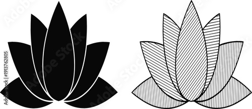 Minimal lotus flower icon set with solid black silhouette and hand-drawn line art outline in monochrome vector style