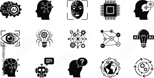 Artificial Intelligence and Machine Learning Icon Set featuring Neural Networks Facial Recognition Robotics Data Processing and Digital Brain Technology for Smart Computing