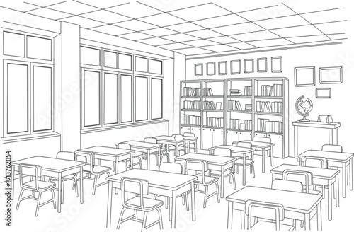 School classroom interior sketch, empty primary education study room with desks and bookshelves vector art illustration