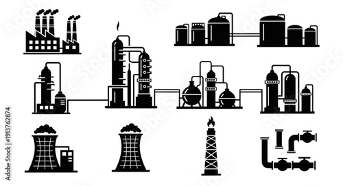 Industrial factory and plant silhouettes set.