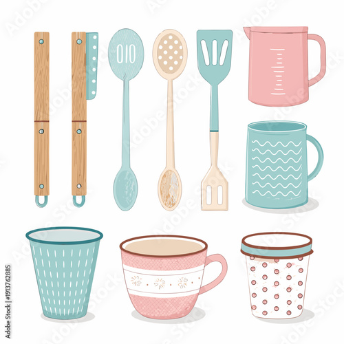 Collection of kitchen utensils and crockery displayed on a flat surface from a top-down viewpoint