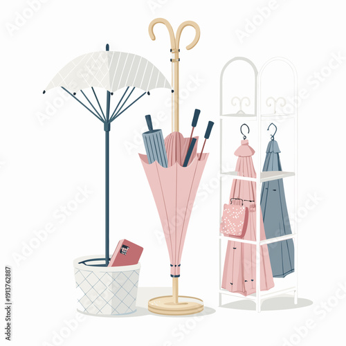 An illustration of assorted umbrellas and clothing on display stands, viewed from the front in a minimalist setting.