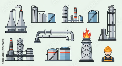 Industrial factory and refinery complex illustrations with worker.