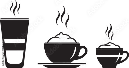 Artistic flat lay of a perfect latte or cappuccino coffee drink with rich foam art, served in a white ceramic cup on a clean wooden table.