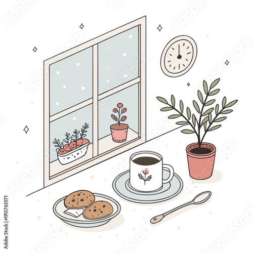 A serene morning scene with coffee and cookies by the window, surrounded by potted plants and a clock on the wall, viewed from a cozy indoor perspective